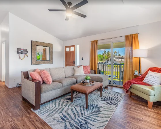 Organized and dust-free living room ready for guest check-in